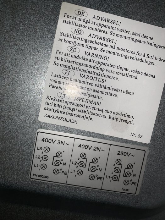 Anslutningsdiagram för ugn med olika elektriska anslutningar för 400V 3N, 400V 2N, och 230V.