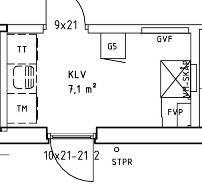 Ritning av ett rum planerat för renovering med markerade områden för vitvaror och värmefördelare.