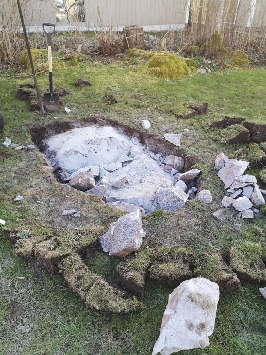 Grävd grop i trädgård med bergknalle i mitten och uppbrutna jord- och gräsytor, nära en spade.