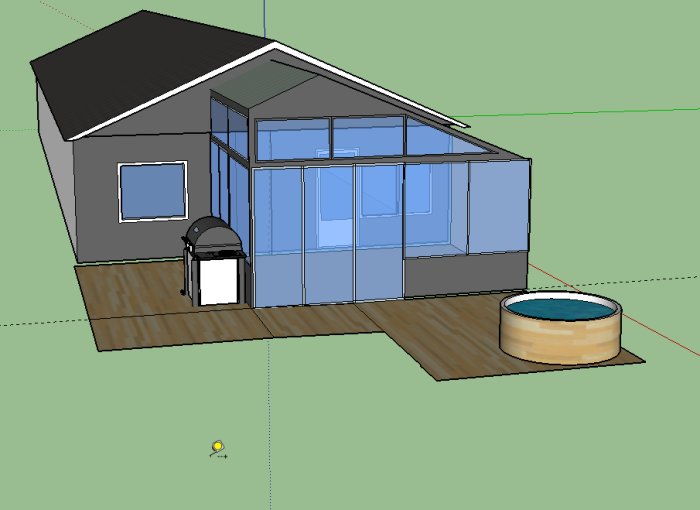 3D-ritning av ett grått hus med glasvägg till uterum och en rund pool på en träaltan.