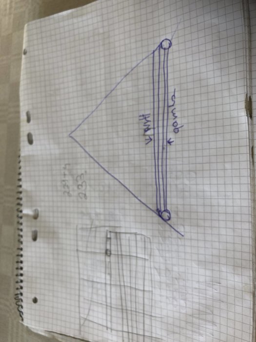 Handritad skiss på ett segel med måttangivelser på rutat papper.