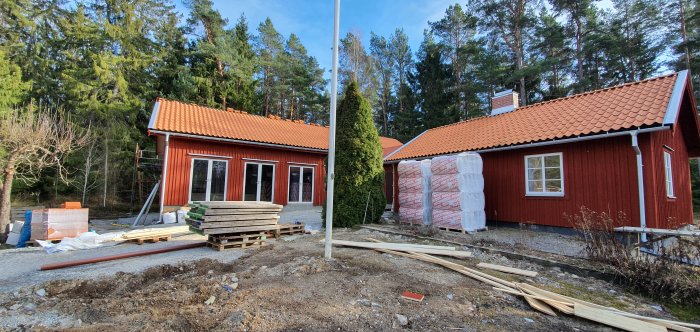 Nyrenoverat röd trähus med nytt tak och flera fönster, byggmaterial framför huset, skog i bakgrunden.