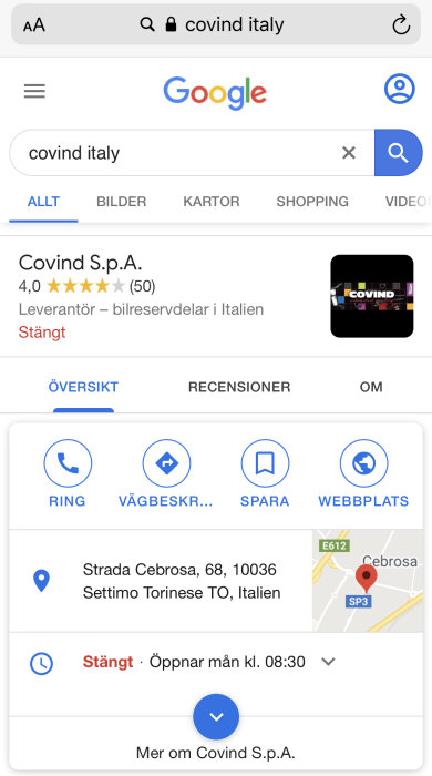 Skärmdump av Google-sökresultat för "covind italy" med fokus på företagsprofil för Covind S.p.A. och en karta.