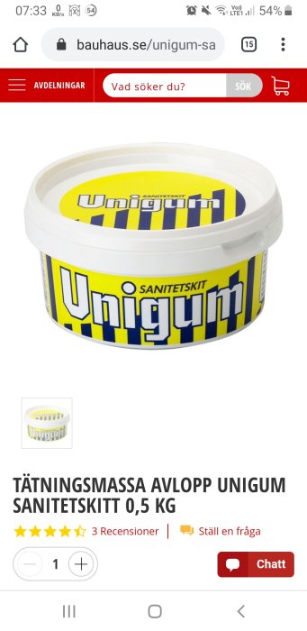 Burk med Unigum sanitetskitt för VVS-tätning, 0,5 kg storlek, på en onlinebutiksida.