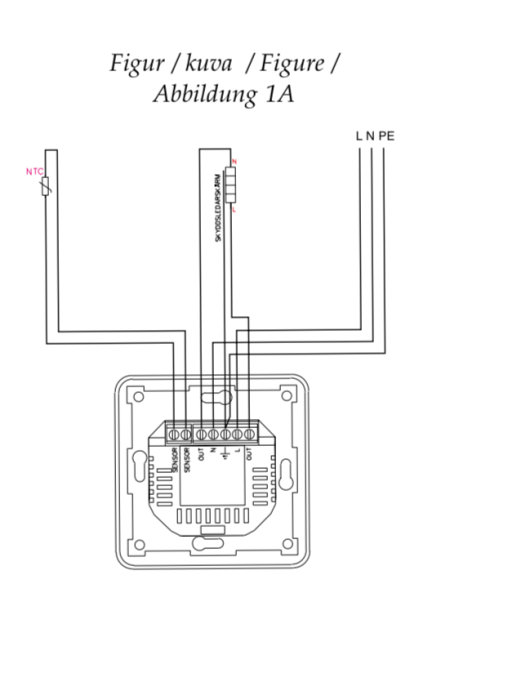 Elektrisk kopplingsskema för termostat med anslutningar märkta NTC, L, N, och PE.