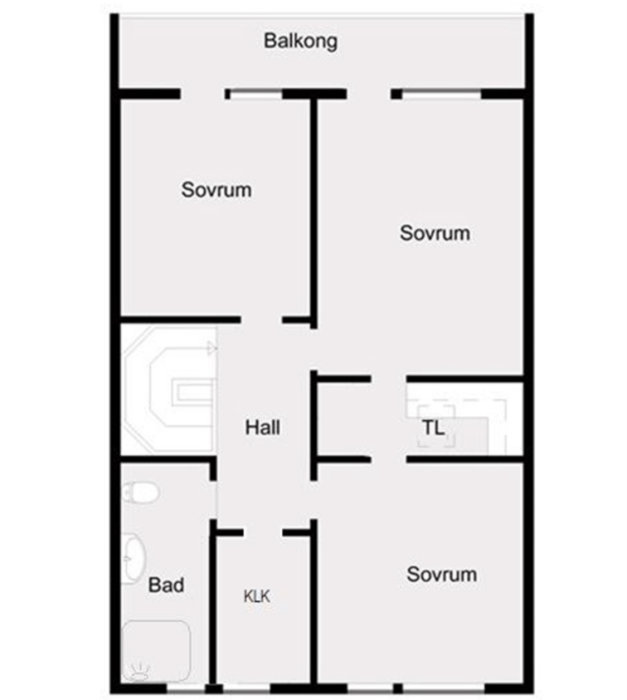 Planritning av övre våningen med tre sovrum, badrum, klädkammare och balkong.