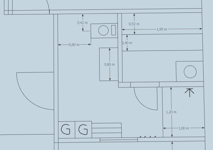 Arkitektonisk ritning av en planlösning för bastu, dusch, förvaring och WC med måttangivelser.