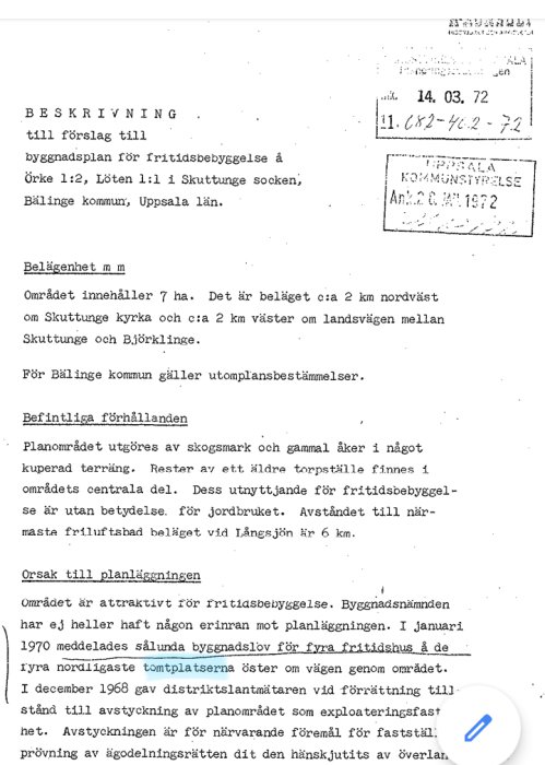 Skannad sida av en handling från 1972 med rubriken "BESKRIVNING" och text om byggnadsplan för fritidsbebyggelse i Bälinge kommun.