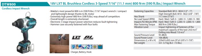 Makita DTW800 skruvdragare med 18V batteri, laddare och krok, specifikationer för moment och storlek visas.