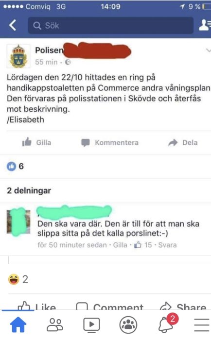 Skärmdump av Facebook-inlägg från Polisen om en borttappad ring, med skämtsamt svar från en användare.