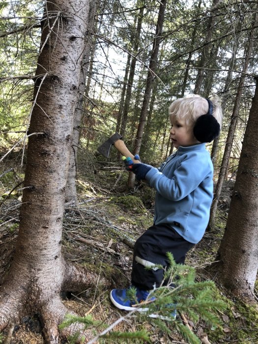 Barn i hörselskydd leker med yxa i skogen nära stammen till ett träd.