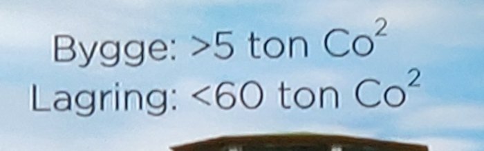 Text på skylt om CO2-utsläpp, bygge över 5 ton och lagring under 60 ton, med himmel och tak i bakgrunden.