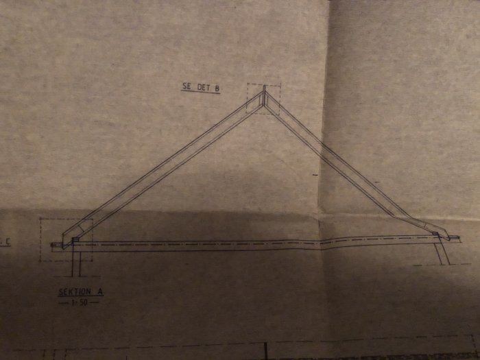 Arkitektritning avseende en sektion av ett hus med angivna mått och detaljsektioner.