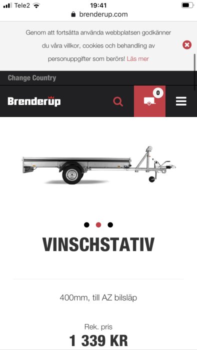 Brenderup släp L750u med monterat vinschstativ och handvinsch.