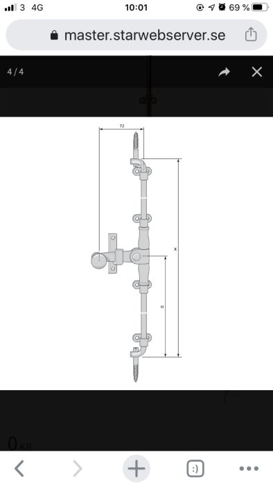 Schematisk bild av en höger-espagnolette för utåtgående pardörr med måttangivelser.