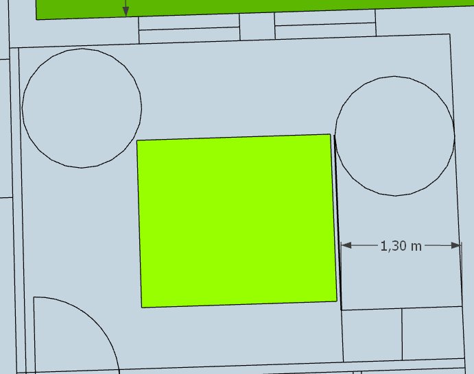 Ritning av sovrum med grönt markerat sängområde och runt utrymme med 1,3m diameter för tillgänglighet.