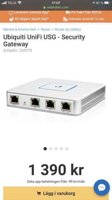 Ubiquiti UniFi USG Security Gateway-router med fyra portar visas på en webbhandelssida.