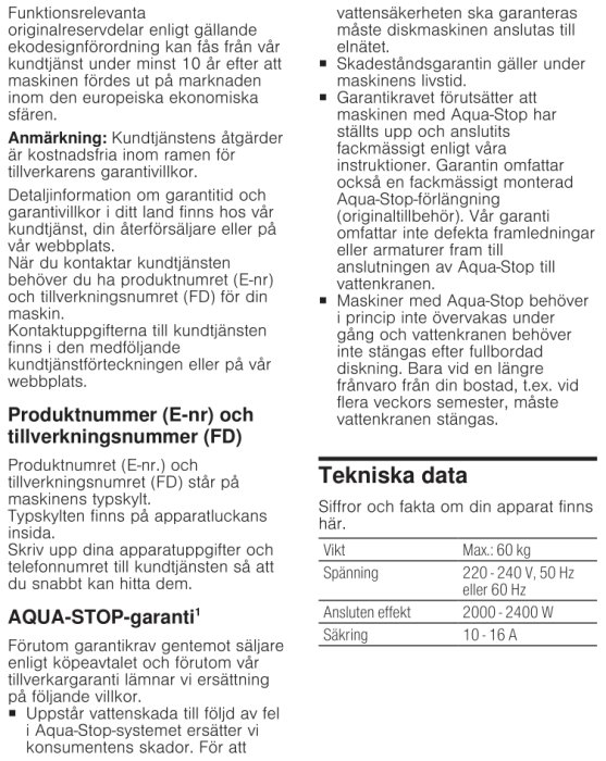 Skärmdump från en bruksanvisning för Siemens diskmaskin som beskriver funktioner, produkt- och tillverkningsnummer, samt Aqua-Stop-garanti.