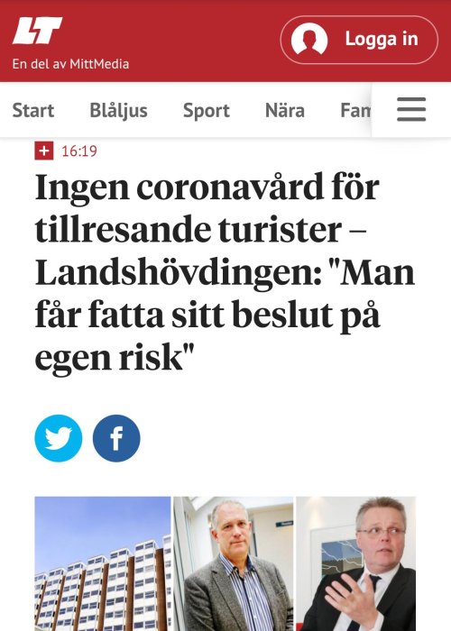 Skärmdump av artikel med rubrik om avsaknad av coronavård för turister och bilder på två män.