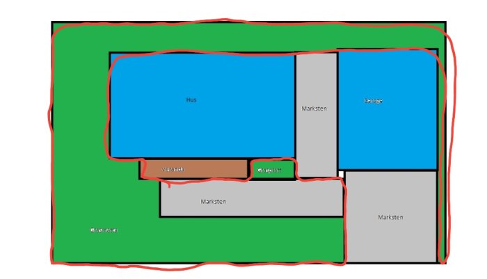 Skiss av en trädgård med hus, veranda och garage, markerad kabeldragning 30 cm från kant och smal passage vid garaget.