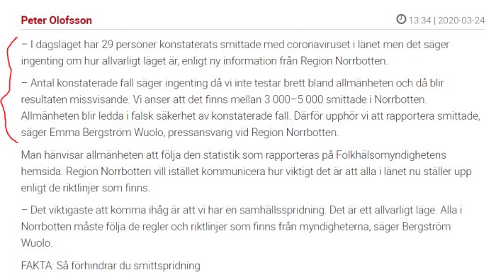 Skärmdump av ett foruminlägg om antalet smittade av coronaviruset i Norrbotten.