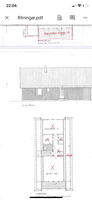 Arkitektritning från 1975 med markeringar som frågar om bärande väggar i husets köksrum.