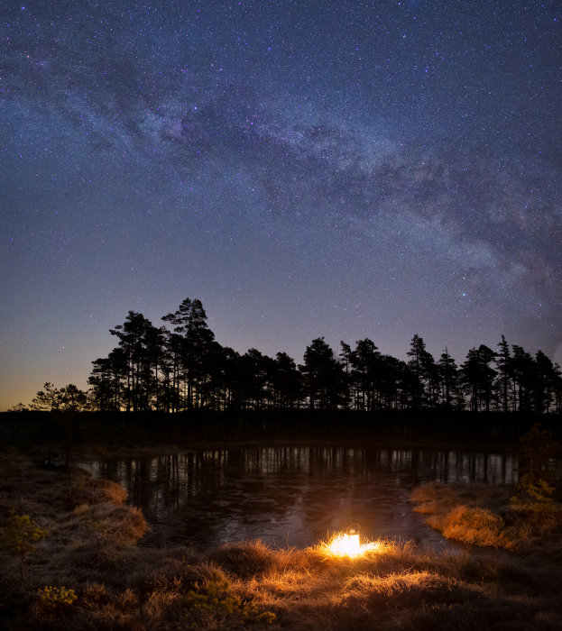Stjärnbeströdd natthimmel ovanför Baremosse med en ljuslykta vid vattnet och silhuett av skogsträd i gryningen.