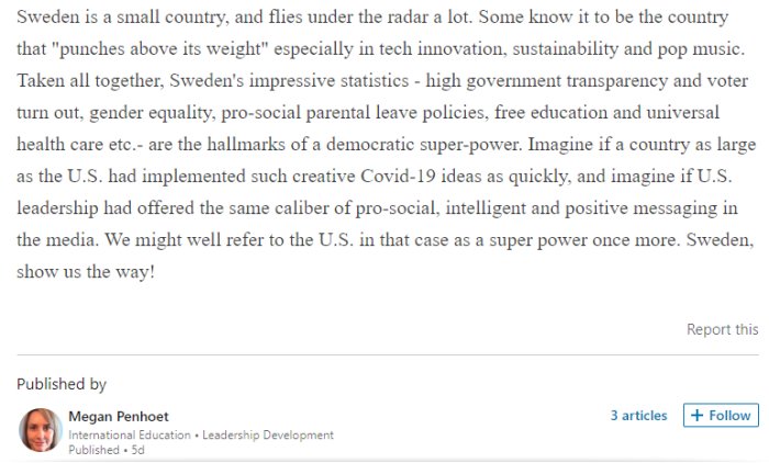 Artikelutdrag som berömmer Sverige för sin hantering av en kris med författarens profil nedanför.