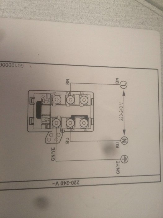 Eluttagsinstallationsschema med markeringar för kabelfärger och anslutningar för 220-240V system.