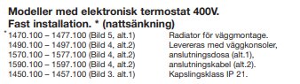 Tabell som listar modeller med elektronisk termostat 400V och tillbehör för fast installation av radiatorer.