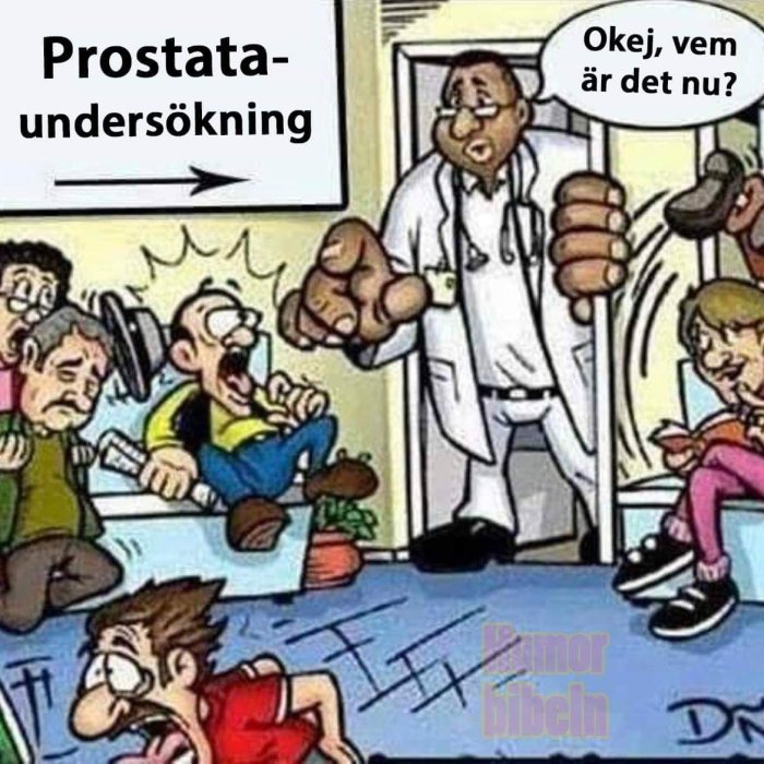 Tecknad bild av rädda män som väntar på prostataprov, en läkare med jättehand framträder.