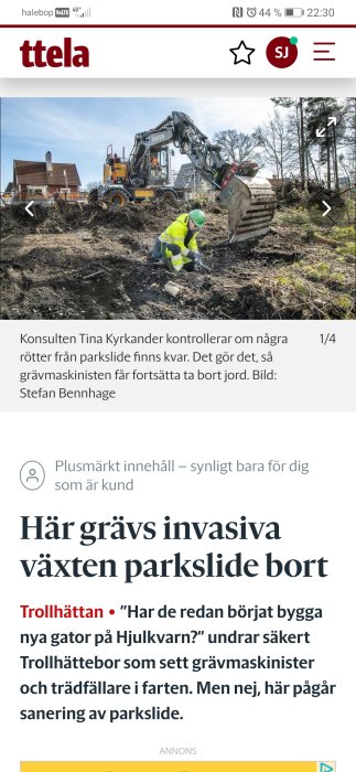 Konsult kontrollerar rötter medan grävmaskin arbetar i lerig terräng.