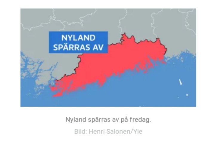 Karta över Nylands län i Finland markerat med rött som spärras av.