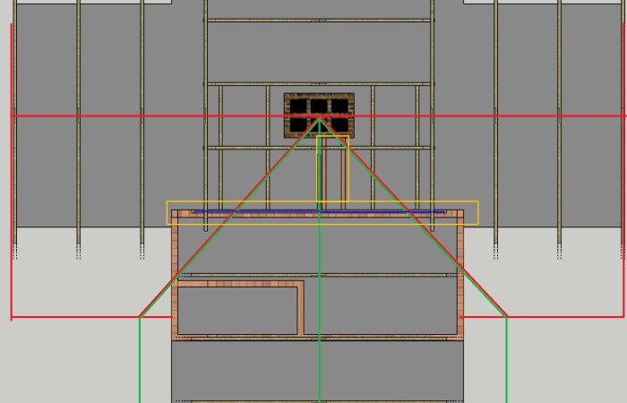 Arkitektonisk ritning av en husstruktur med färgkodade markeringar för tak och väggar.