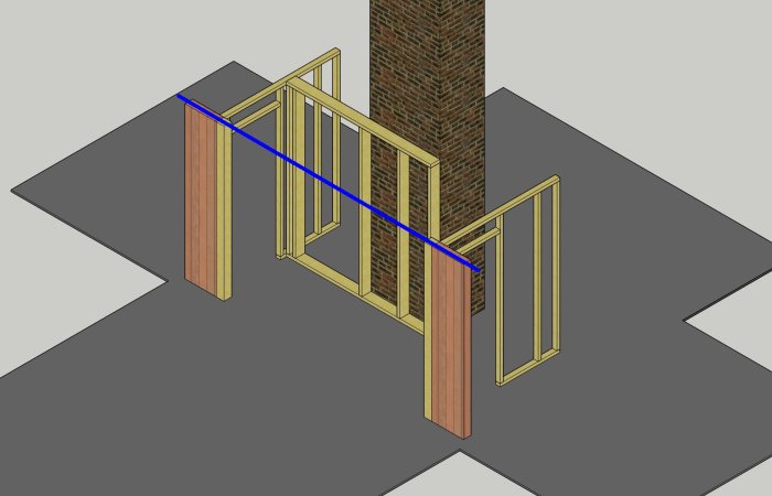 3D-skrivbordsmodell av ett hus med tydligt markerade färgstreck som visar en bärande vägg och takkonstruktion.