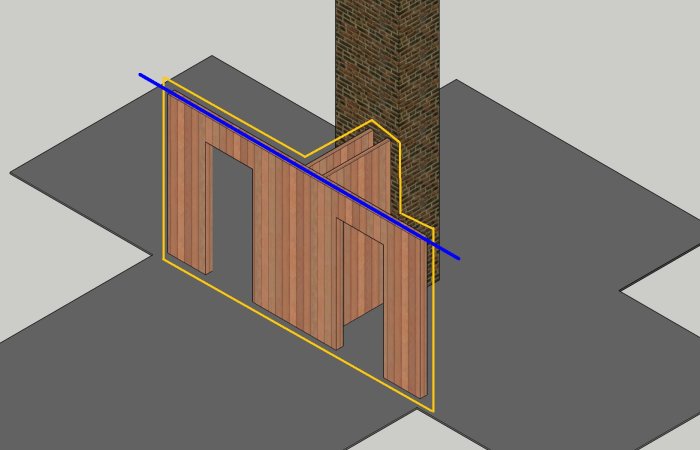 3D-modell som visar gamla och nya takstrukturen i olika färger samt vägg som ska rivas.