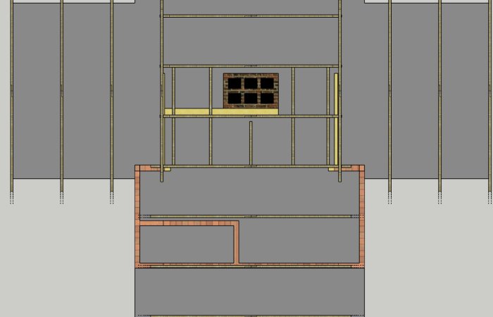 Arkitektritning med takstol, markerade bärande väggar och föreslagen öppning i timmervägg.