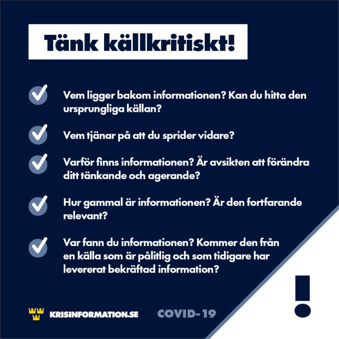 Informationsgrafik om källkritik med checklistor, text "Tänk källkritiskt!" och loggor för Krisinformation.se och COVID-19.