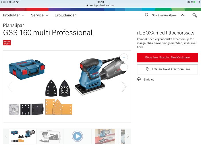 Bosch GSS 160 multi Professional planslip med utbytbara slipplattor och verktygslåda.