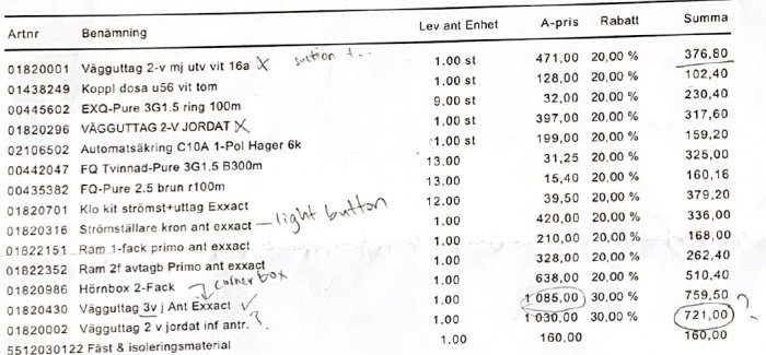 Faktura för köksrenovering med rad för en vägguttag nämnt "VÄGGUTTAG 2VJ JORDAT X" kostar 1269,90 SEK före moms.