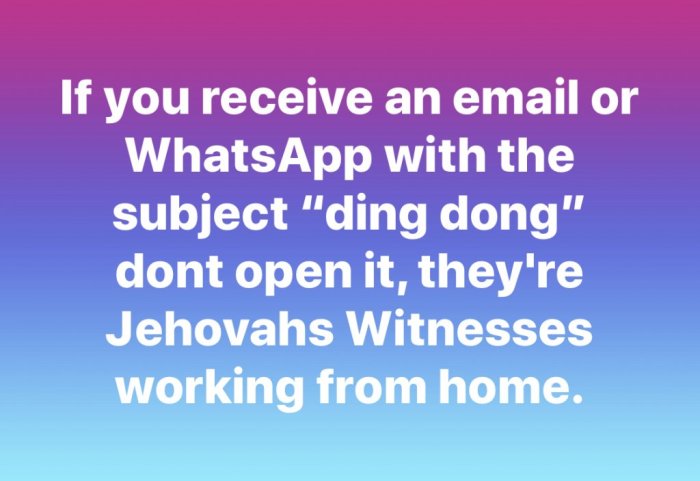 Text på en gradientbakgrund som varnar för e-post och WhatsApp-meddelanden från Jehovas vittnen som jobbar hemifrån.
