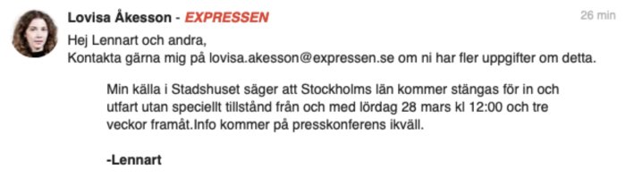 Skärmdump av sociala medier-post från Expressen med text om stängning av Stockholm län.