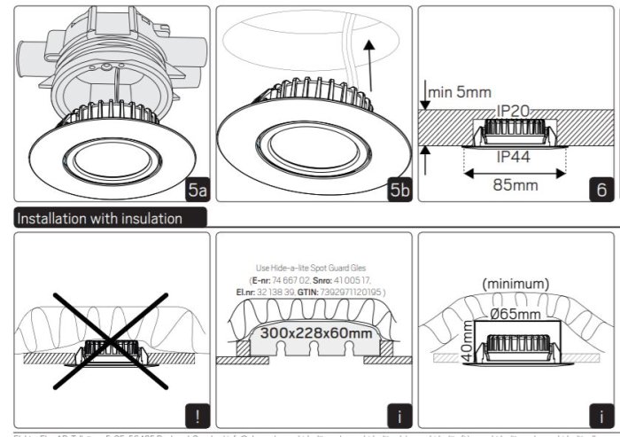 Illustrationer av installationsanvisningar för downlights med mått och kravspecifikationer.