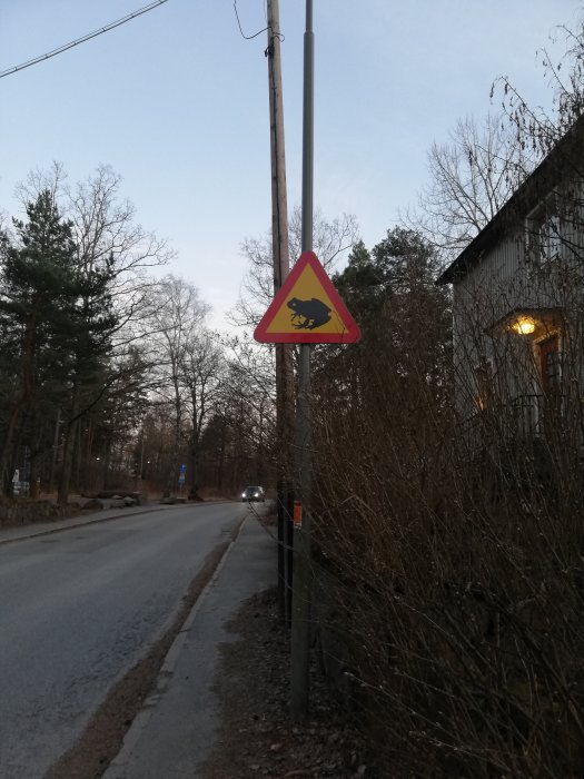 Varningsskylt för grodövergång på en stolpe vid en väg med träd och ett hus i bakgrunden.