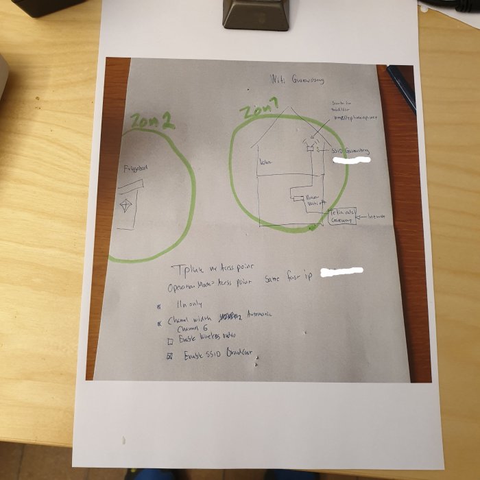 Handritad skiss av nätverksplanering med två zoner för WiFi-täckning, markeringar för hus, friggebod och WiFi-inställningar.