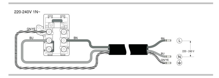 Schematisk illustration av enfas elektrisk koppling med 220-240V märkning och dragavlastning.