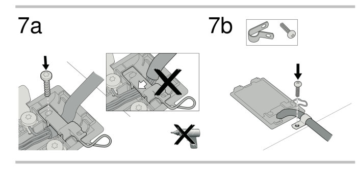 Illustration av korrekt och felaktig montering av dragavlastning och kabel för 220-240V 1N~ installation.