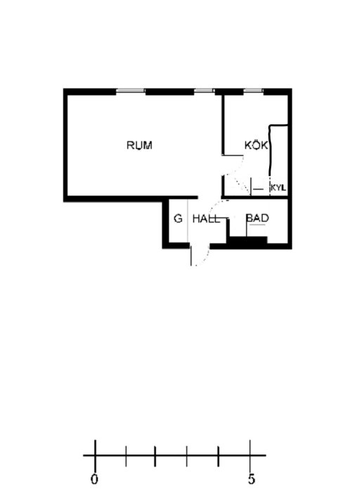 Planritning på en 28 kvm lägenhet med kök, bad och huvudrum, skalstock nedtill.