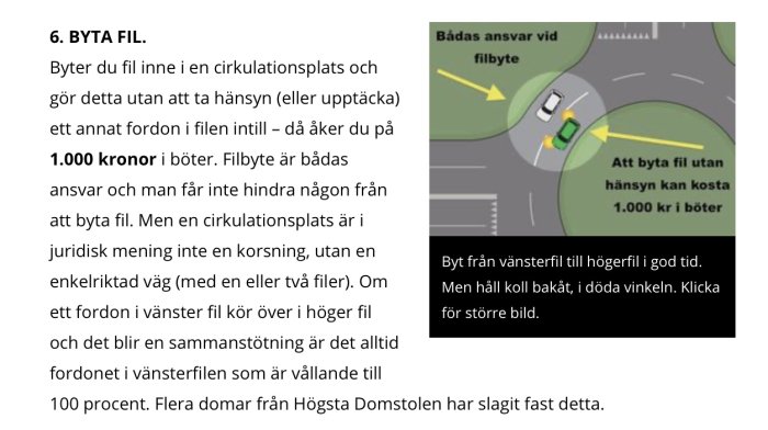 Illustration som visar felaktigt filbyte i rondell med bötesbeloppet 1 000 kronor markerat.