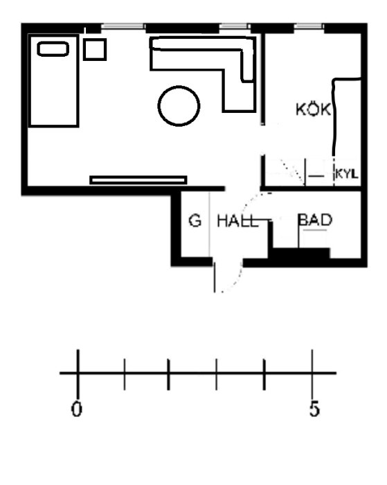 Grundplan av en bostad med markerad plats för TV på en vägg i vardagsrummet.